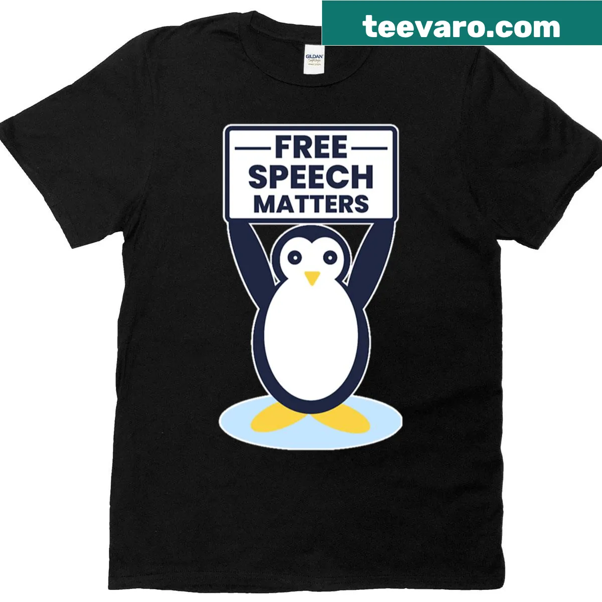 Cute penguin holding Free Speech Matters sign on a T-shirt — on a men's t-shirt