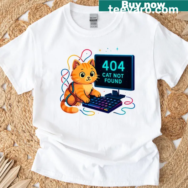 Cartoon design of a cat with a 404 Error message T-shirt