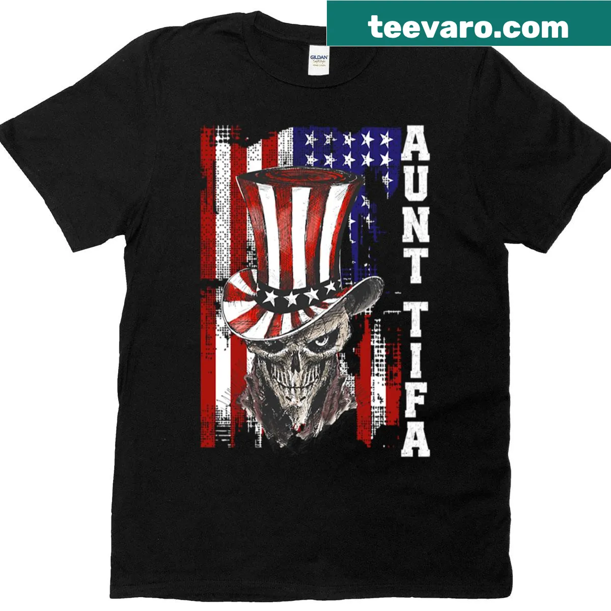 Aunt Tifa parody shirt with American flag design — on a men's t-shirt