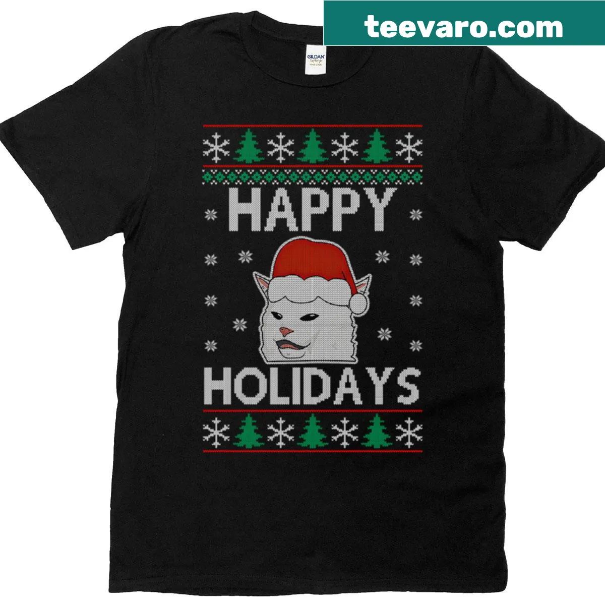 Holiday T-shirt featuring a funny cat meme design — on a men's t-shirt