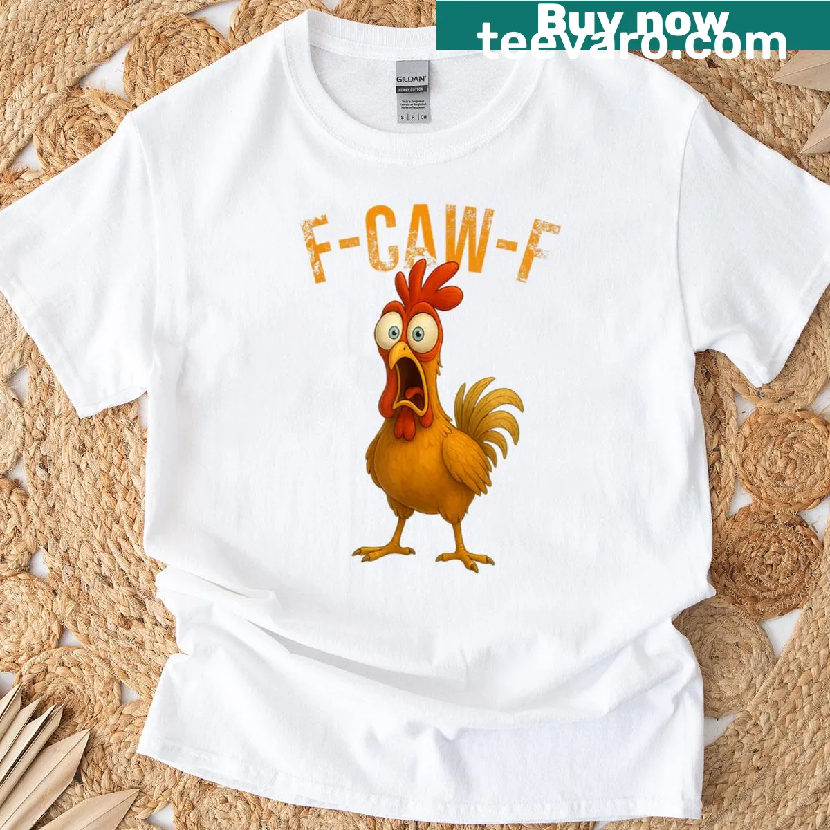 Humorous crow and rooster graphic T-shirt with a playful pun — on a men's t-shirt