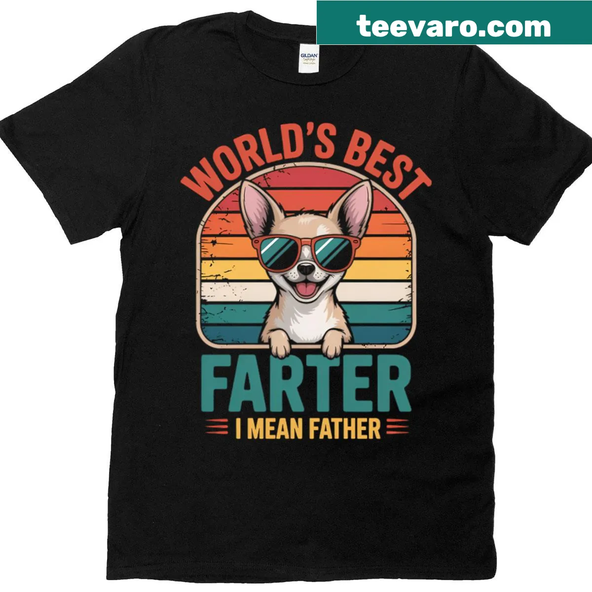 Funny dog dad t-shirt with the text 'World Best Farter I Mean Father' — on a men's t-shirt
