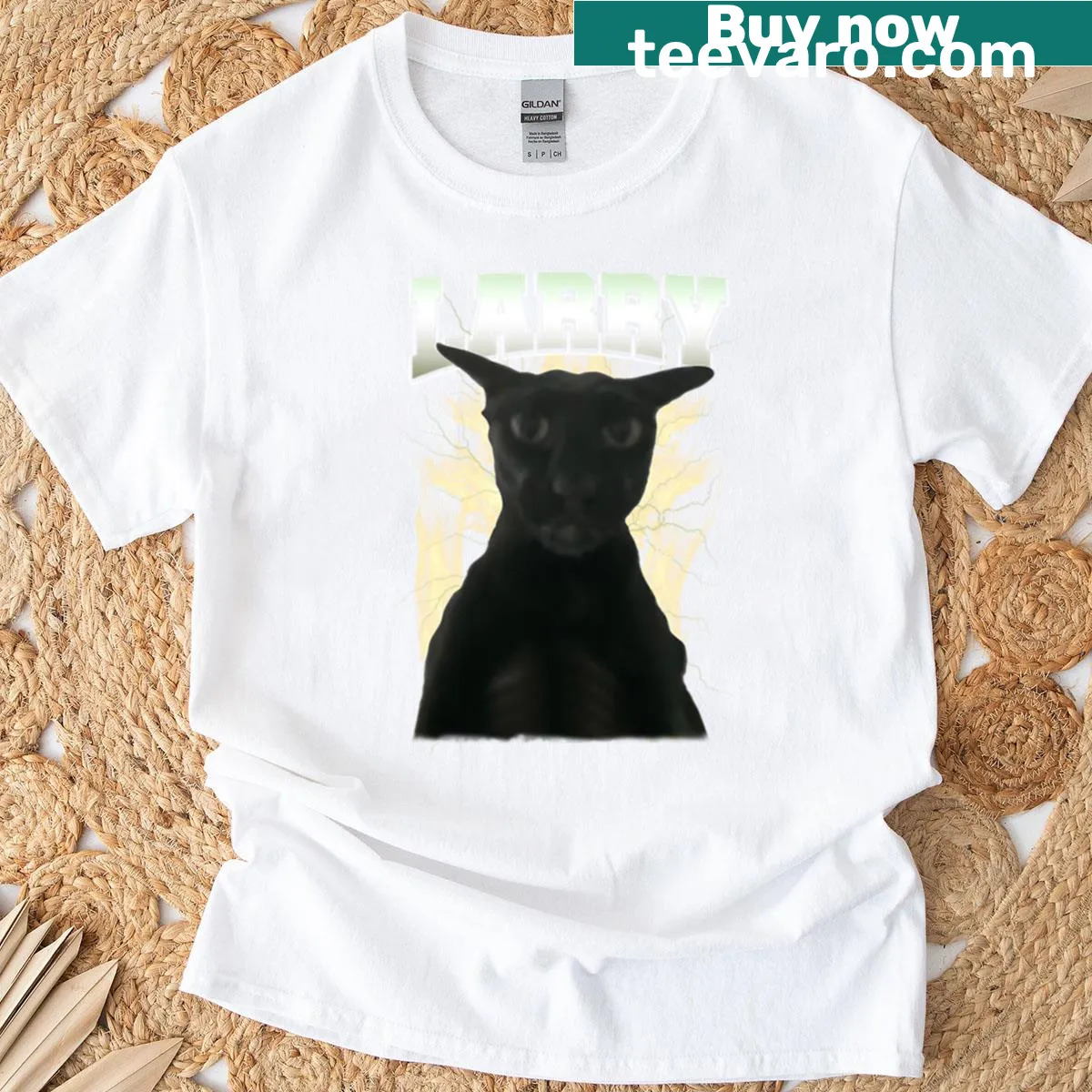 Evil Larry cat graphic T-shirt featuring dank meme humor — on a men's t-shirt