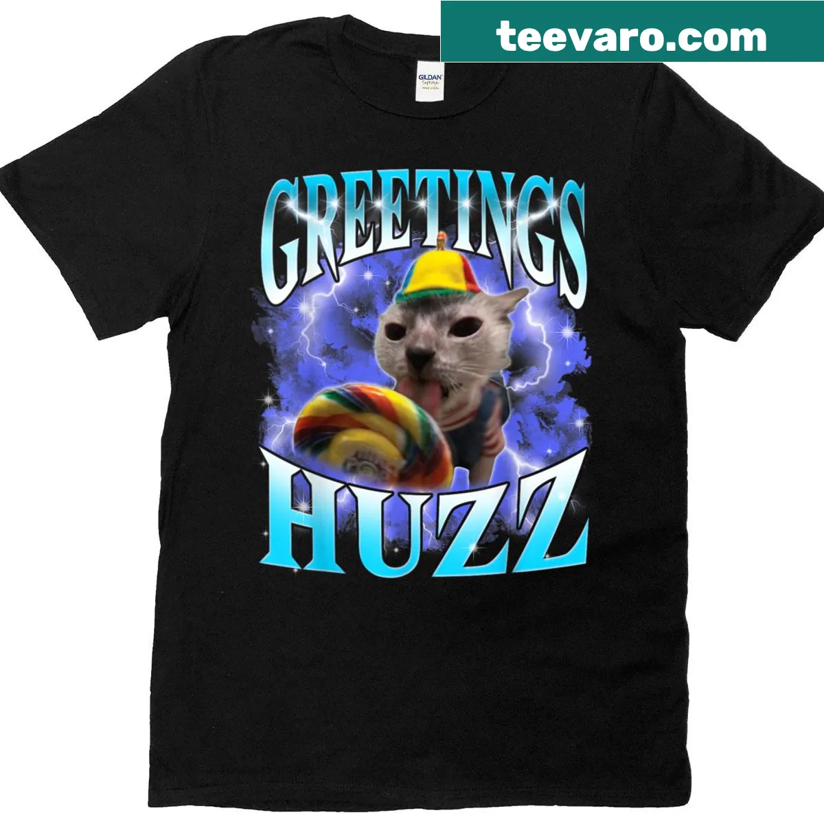 Cat meme tee featuring the greeting 'Huzz' for Gen Z and Gen Alpha — on a men's t-shirt