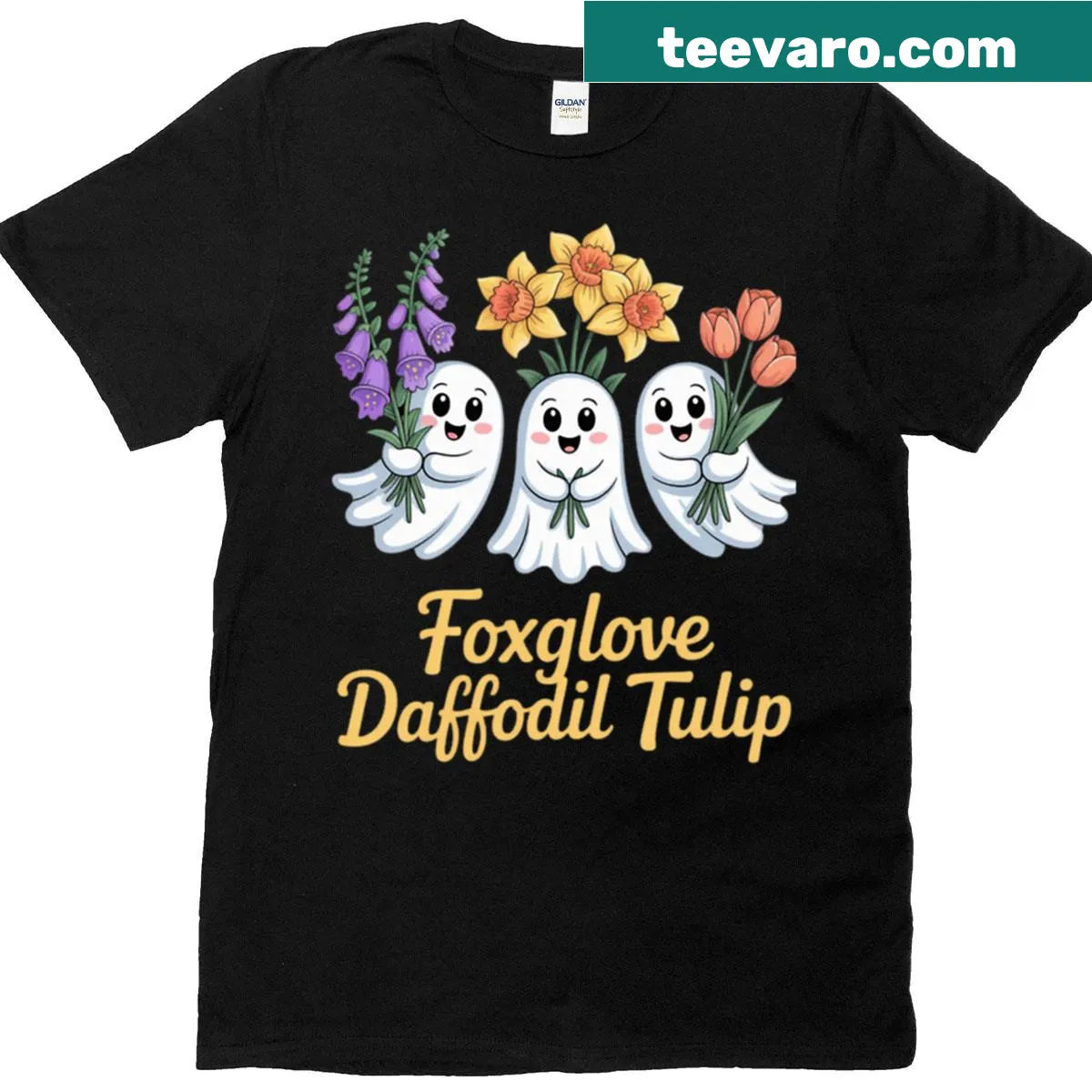 Cartoon ghost with flowers and anti-Trump text for Halloween — on a men's t-shirt