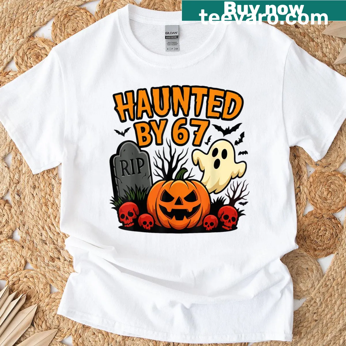 Halloween T-shirt featuring humorous text about being haunted — on a men's t-shirt