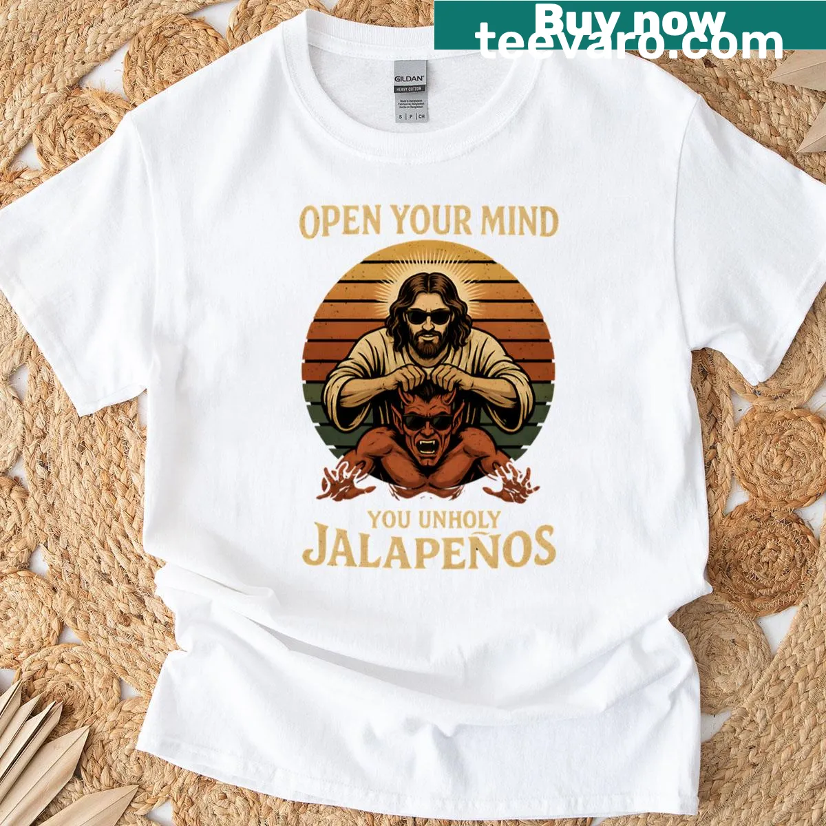 Vintage-style Jesus vs Devil graphic t-shirt — on a men's t-shirt