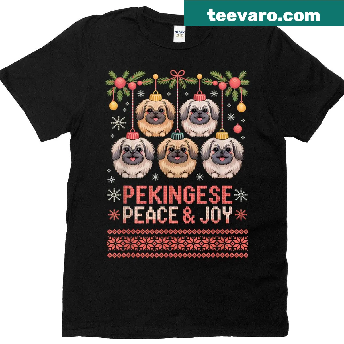 Funny Pekingese dog graphic on holiday-themed t-shirt. — on a men's t-shirt