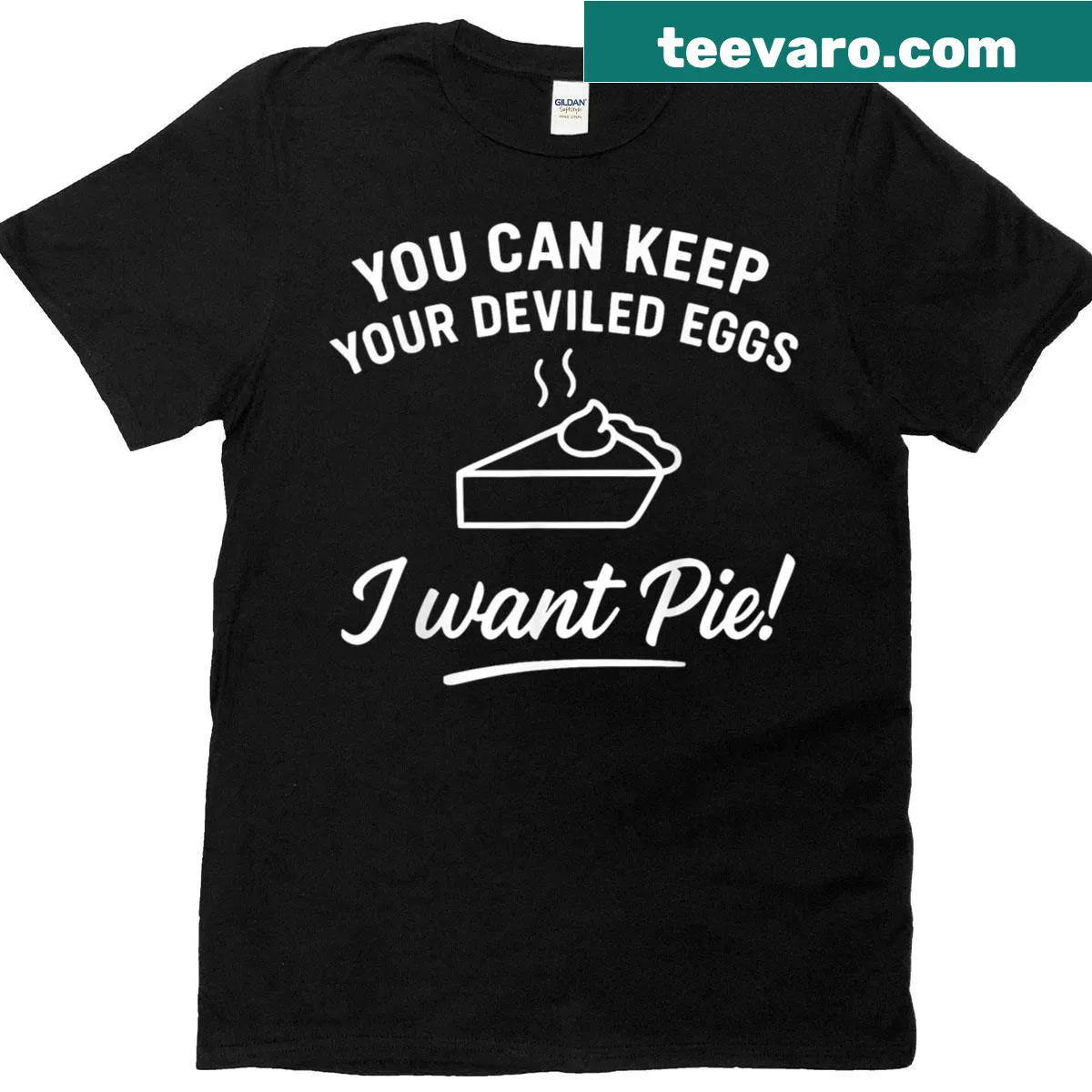 Illustrated T-shirt with humorous pie vs deviled eggs graphic — on a men's t-shirt