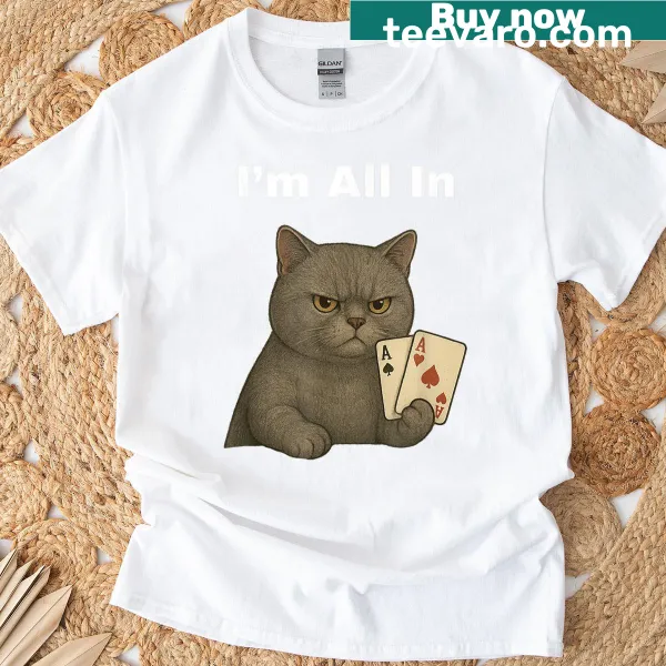 Funny poker T-shirt with cat and aces gambling theme