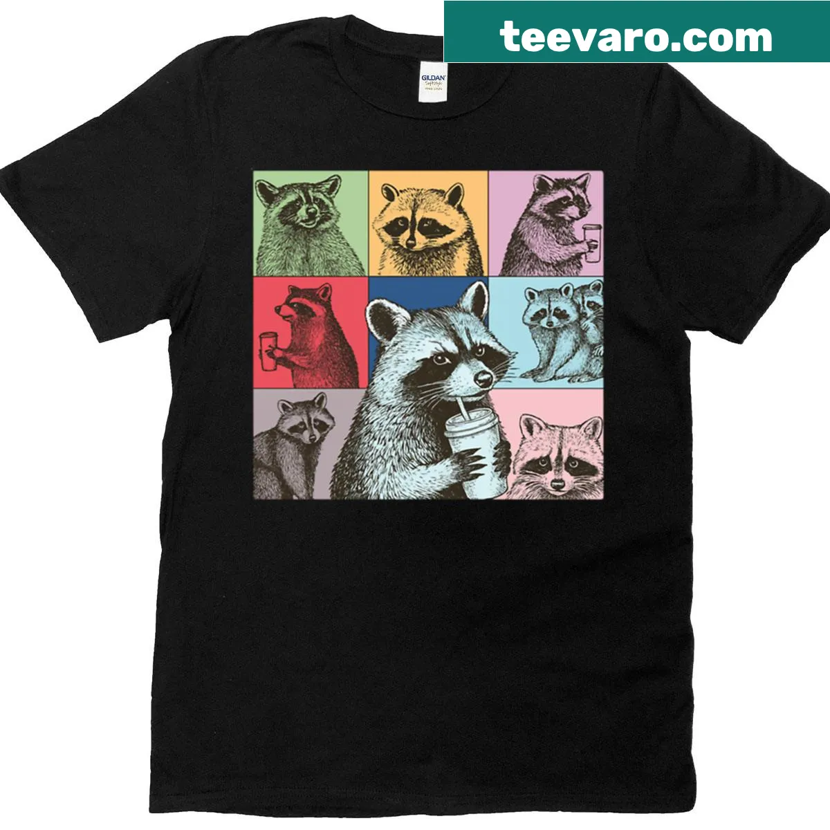Adorable raccoon holding a coffee cup illustrated on a t-shirt — on a men's t-shirt
