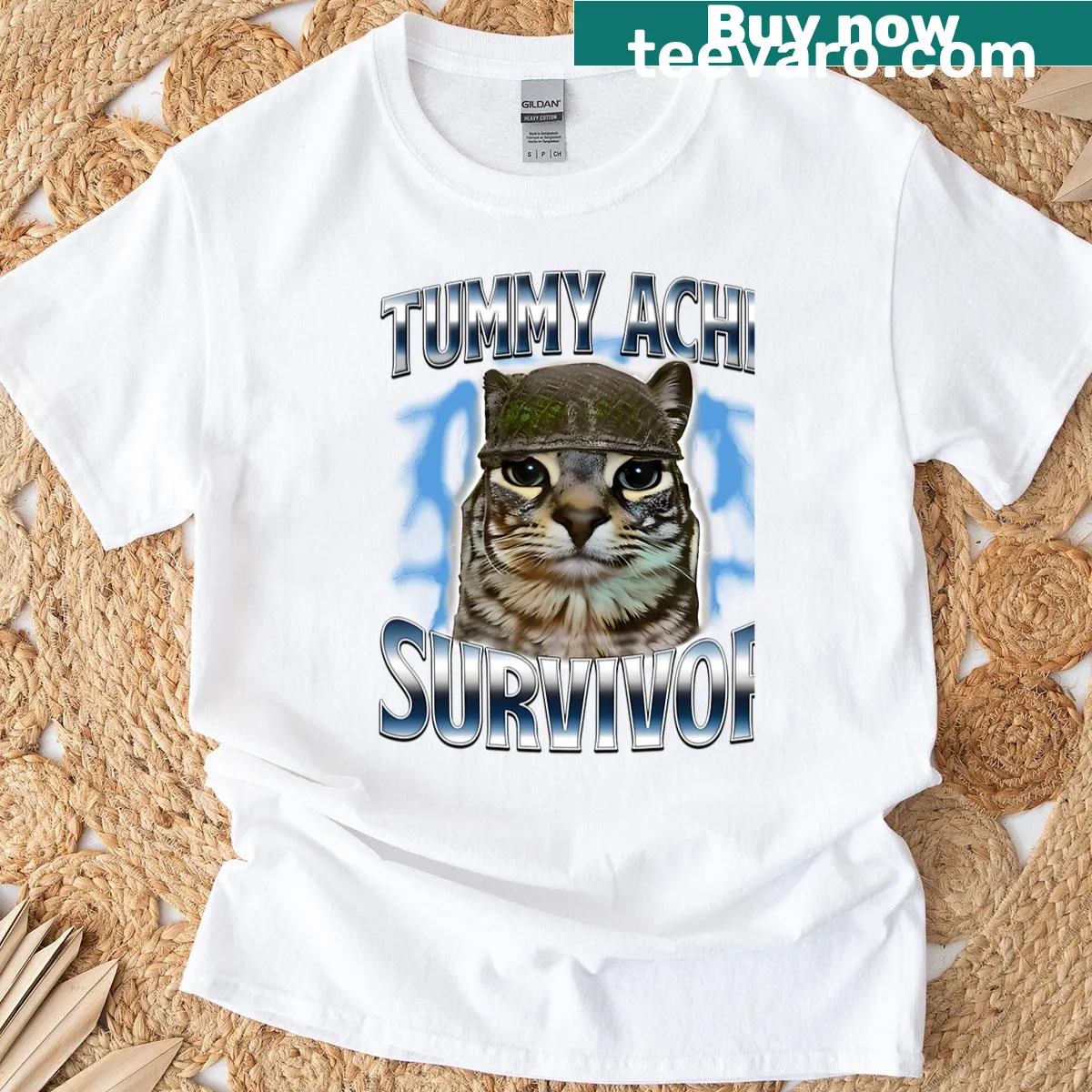 Funny cat T-shirt with tummy ache survivor saying — on a men's t-shirt
