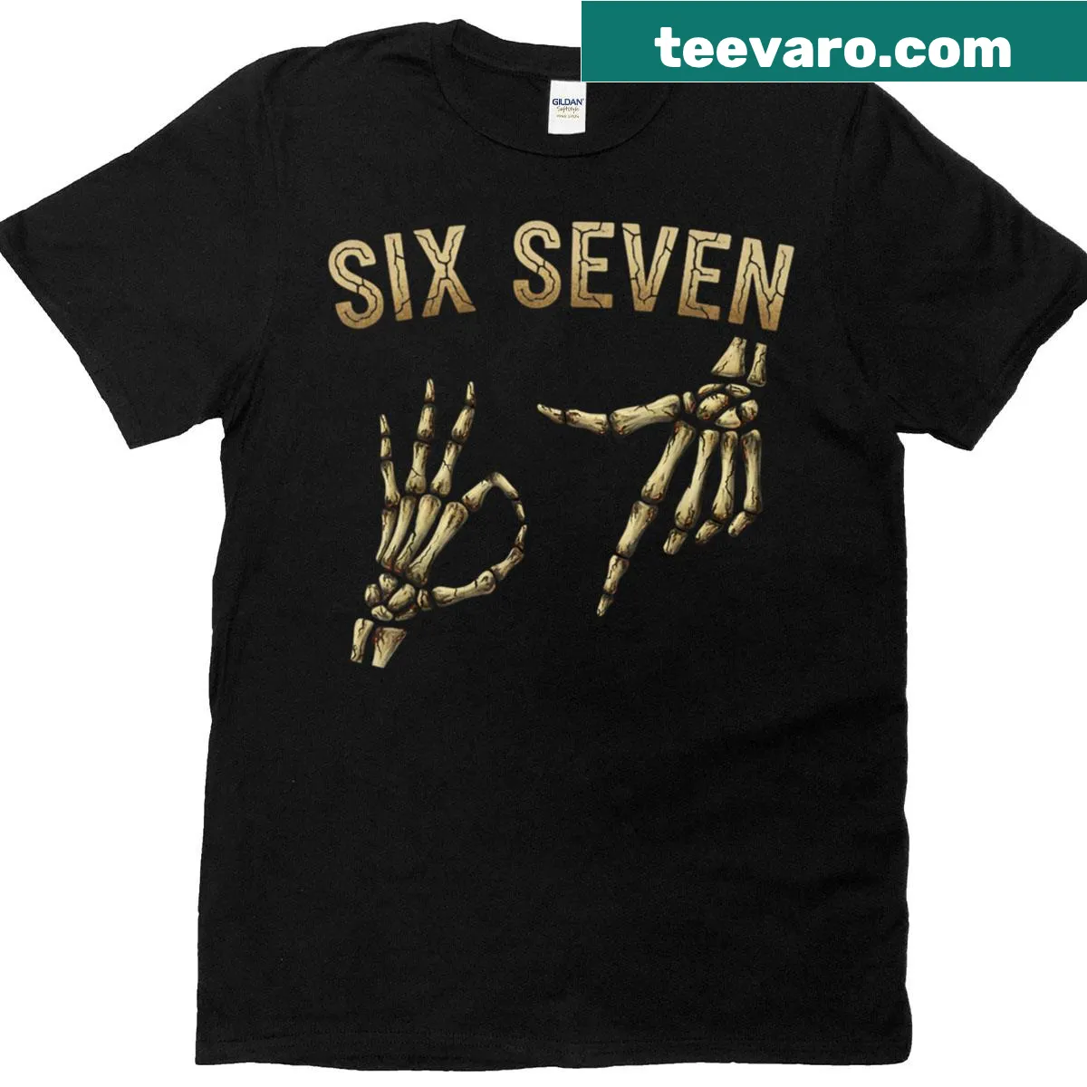 Halloween t-shirt featuring a skeleton hand with numbers 6 and 7 — on a men's t-shirt