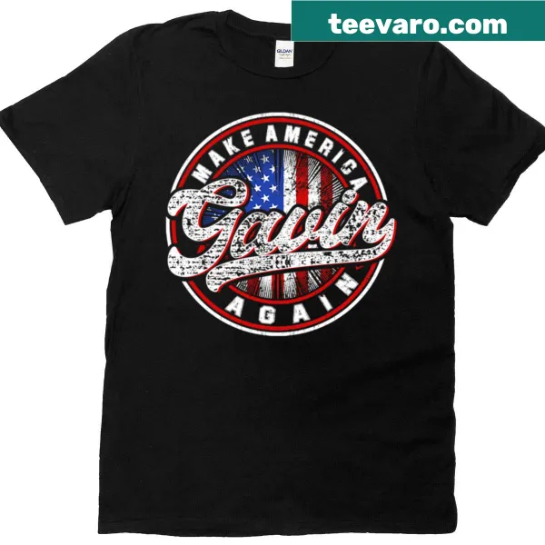 Graphic t-shirt with Gavin Newsom and 'Make America Great' text