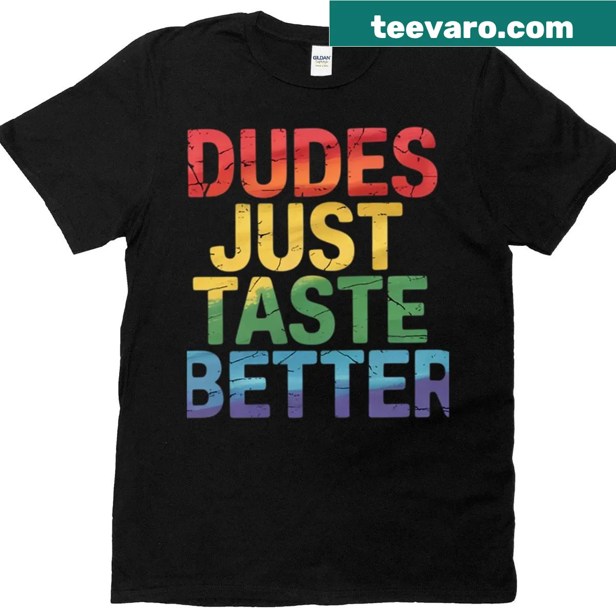 LGBT pride t-shirt with the phrase 'Gay The Pray Away' in rainbow colors. — on a men's t-shirt