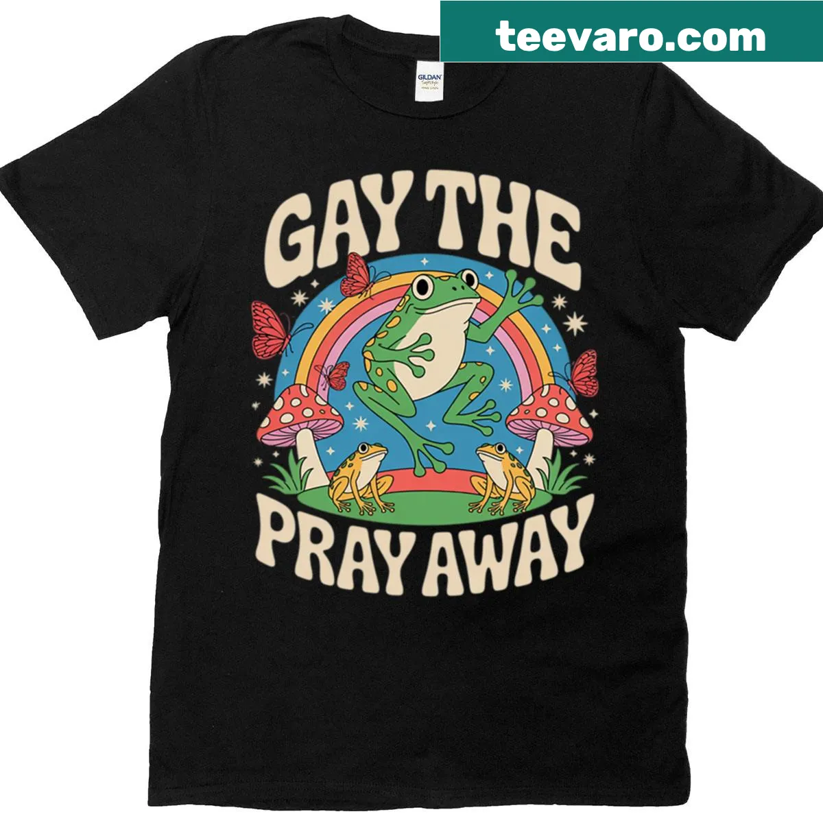 Rainbow frogs and text 'Gay The Pray Away' t-shirt — on a men's t-shirt