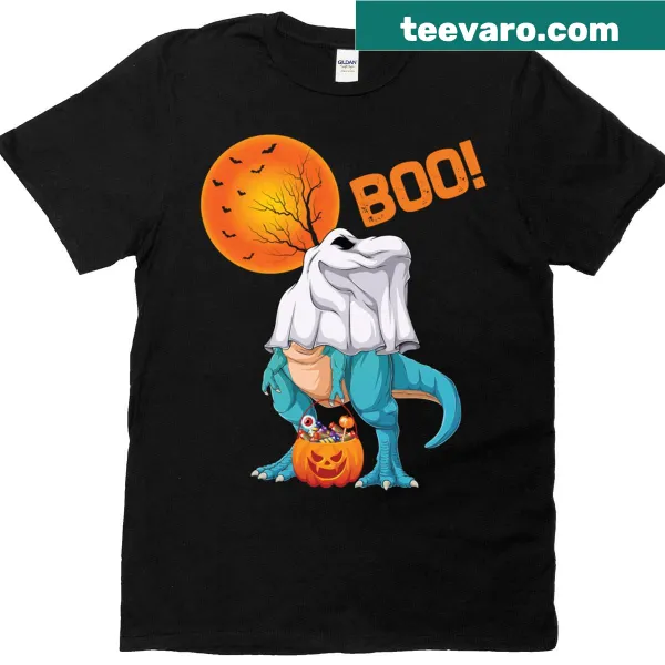 Cartoon T-Rex ghost t-shirt with 'Boo' text for Halloween