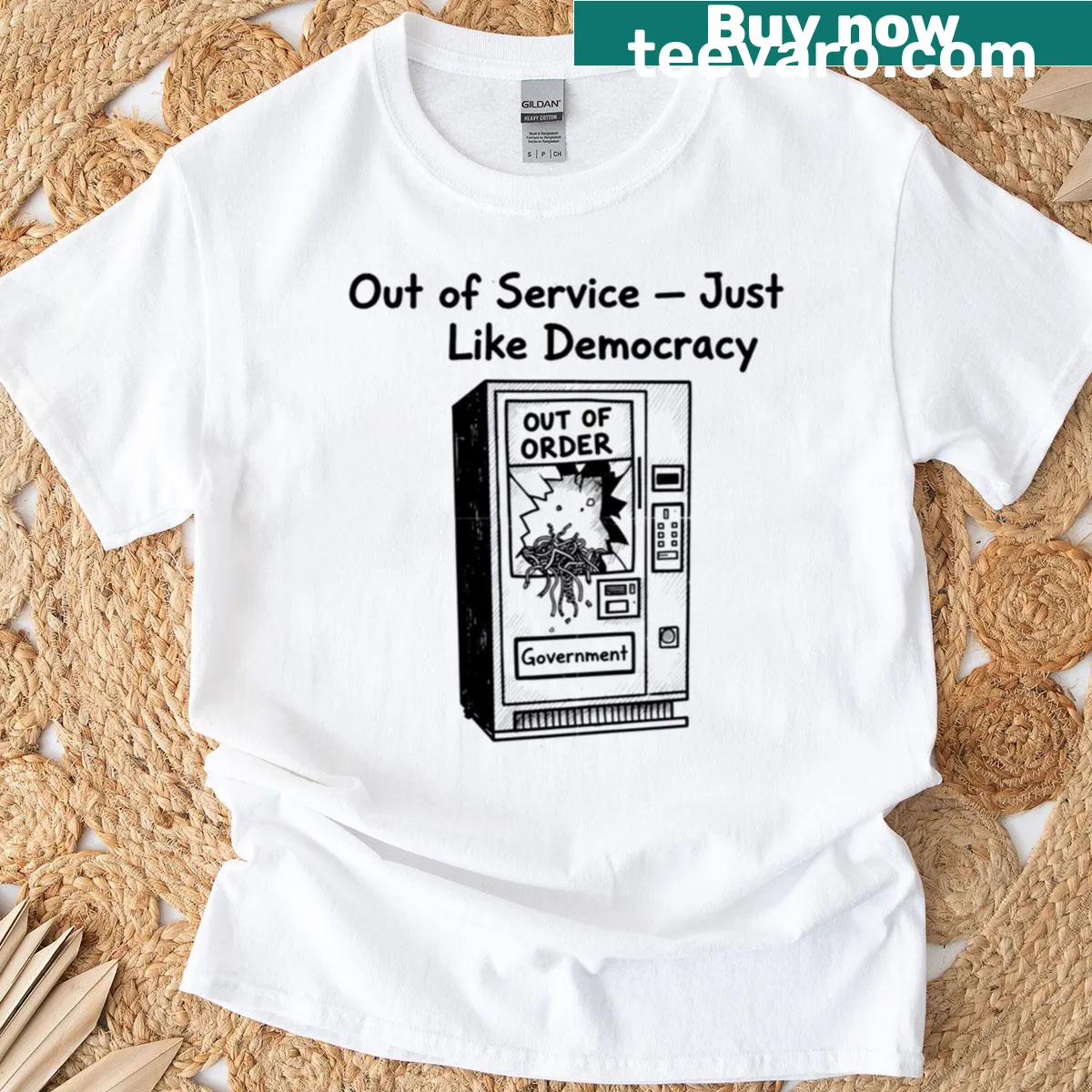 Oversized t-shirt with satirical graphic of government machine being out of order — on a men's t-shirt