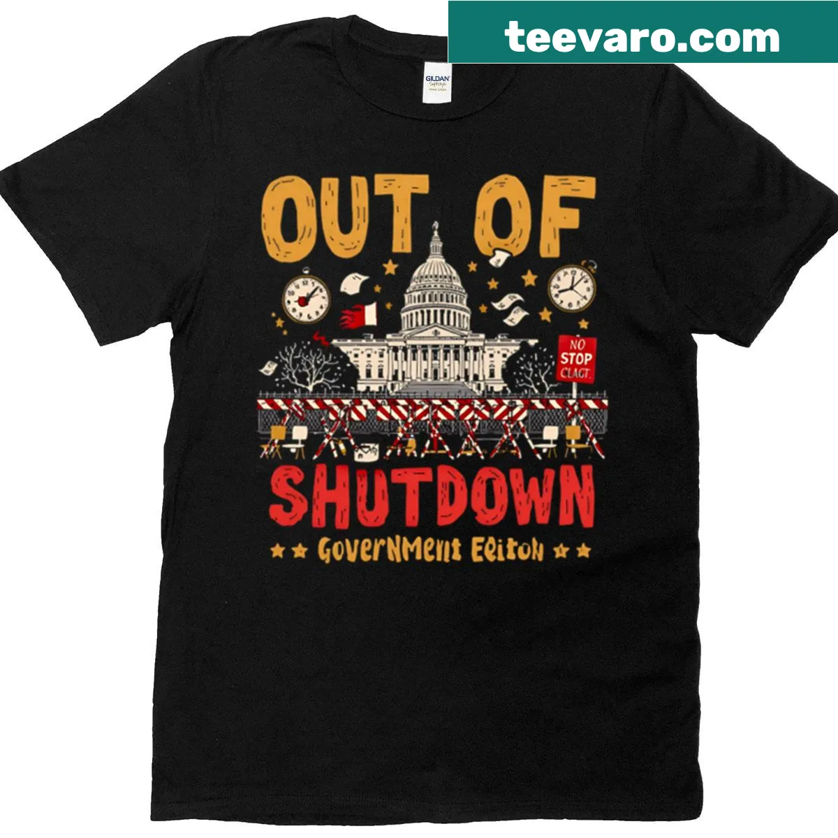 Political commentary t-shirt about government shutdown with bold lettering — on a men's t-shirt