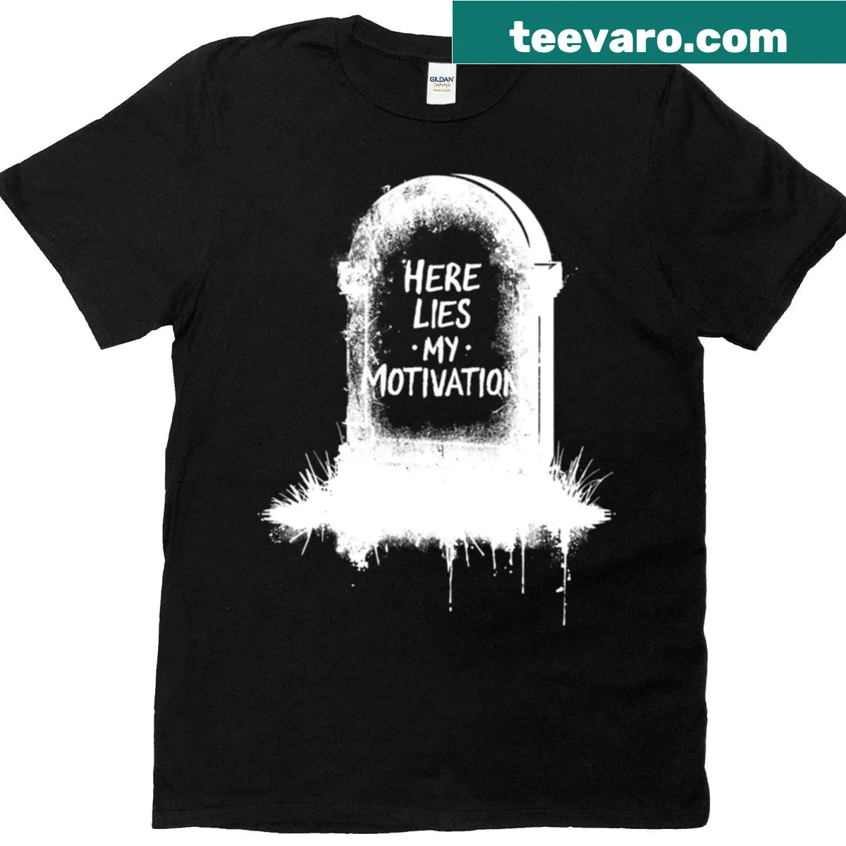 Funny grave stone t-shirt with text 'Here Lies My Motivation' — on a men's t-shirt