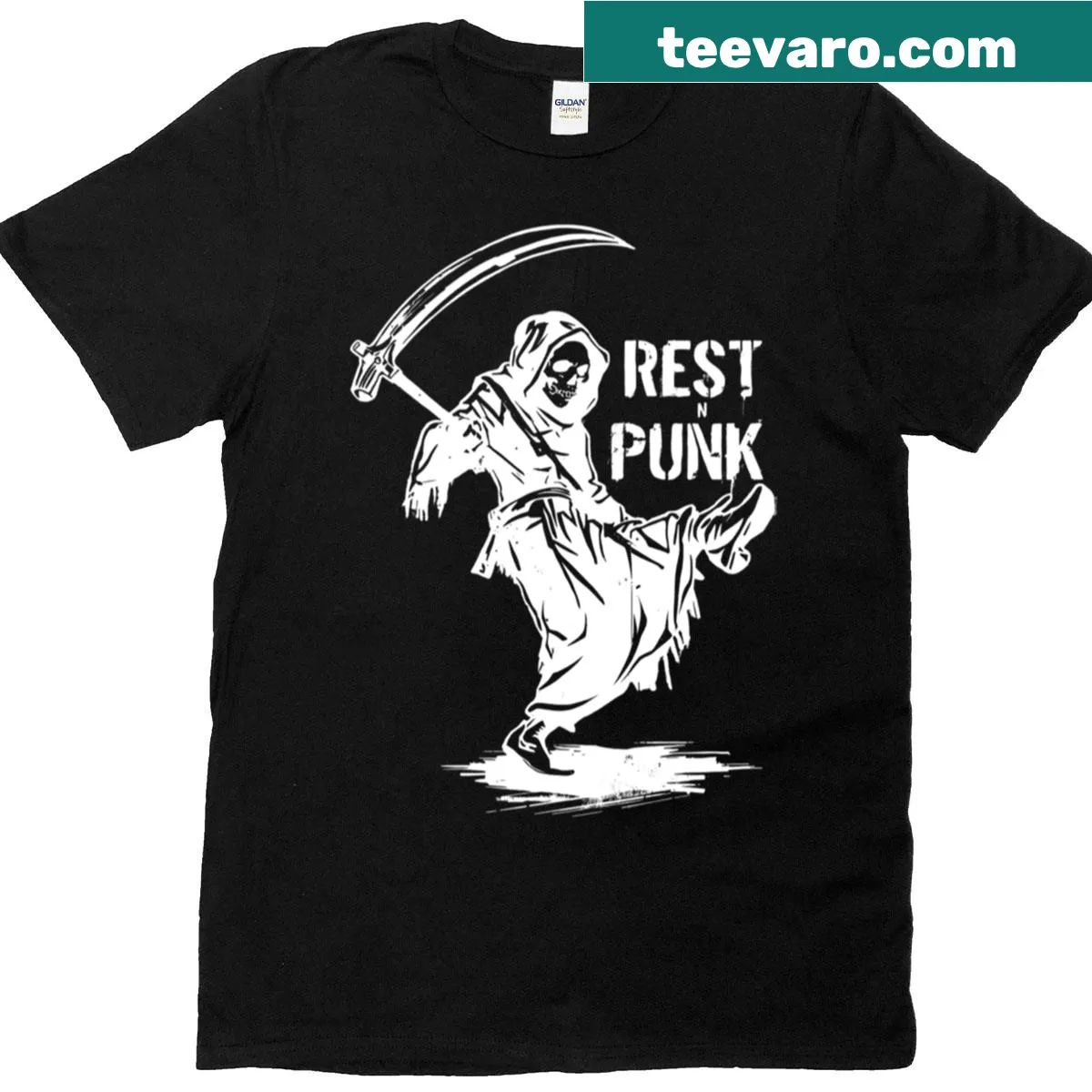 Dancing Grim Reaper with 'Rest In Punk' text for Halloween — on a men's t-shirt