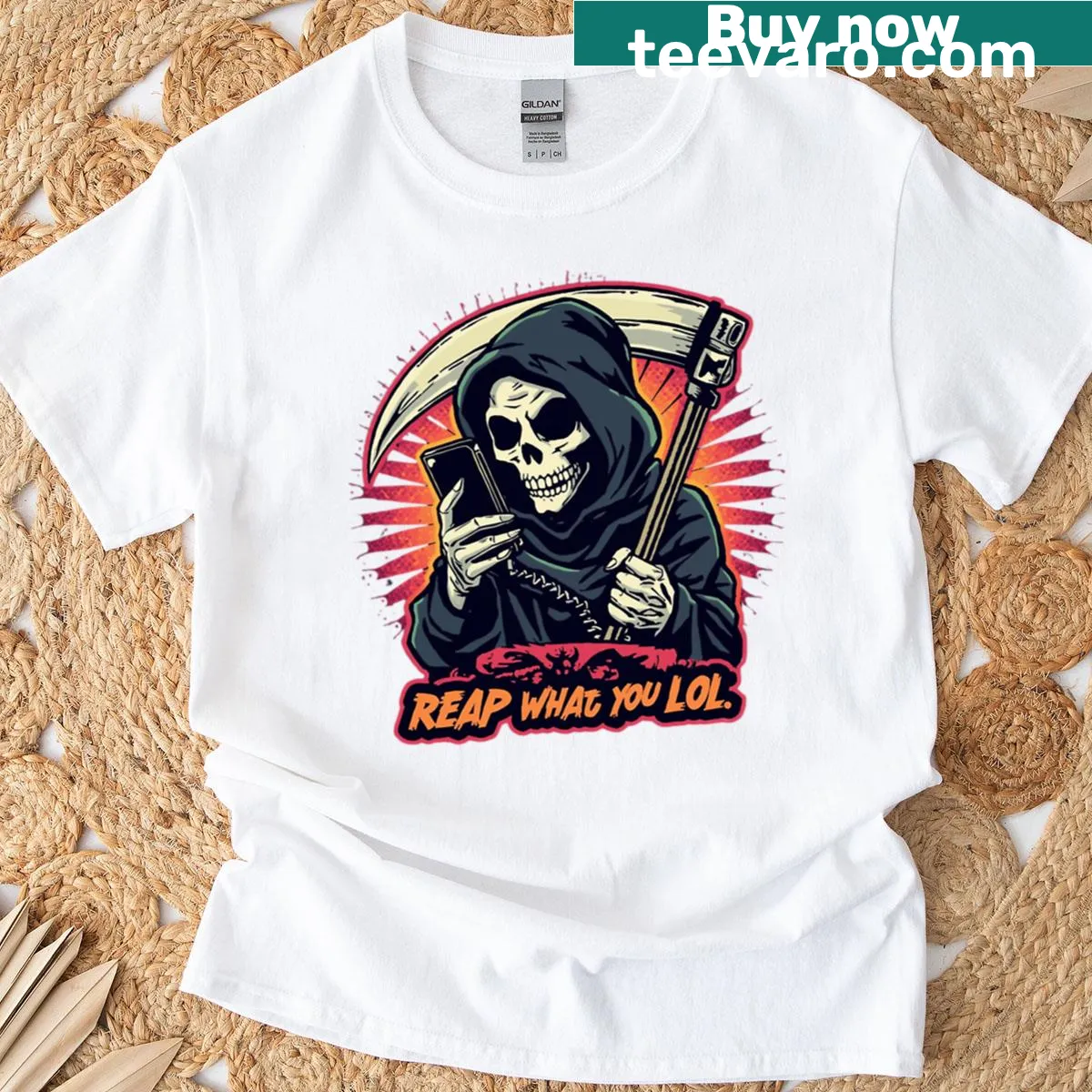 Graphic t-shirt with Grim Reaper and humorous 'Reap What You Lol' text — on a men's t-shirt