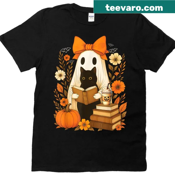 Whimsical ghost reading a book among flowers for Halloween cat lovers