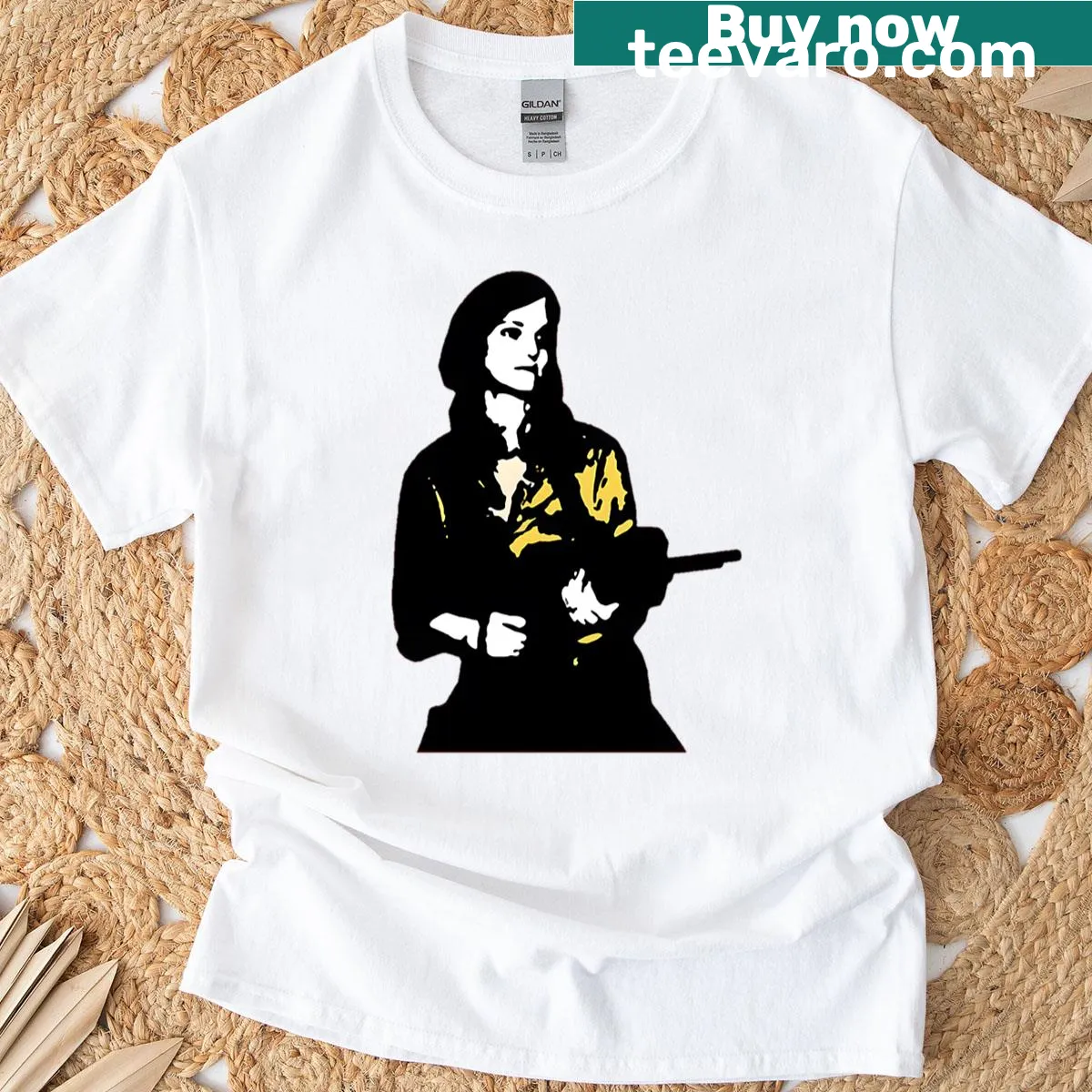 Illustrative t-shirt inspired by Patty Hearst's story. — on a men's t-shirt