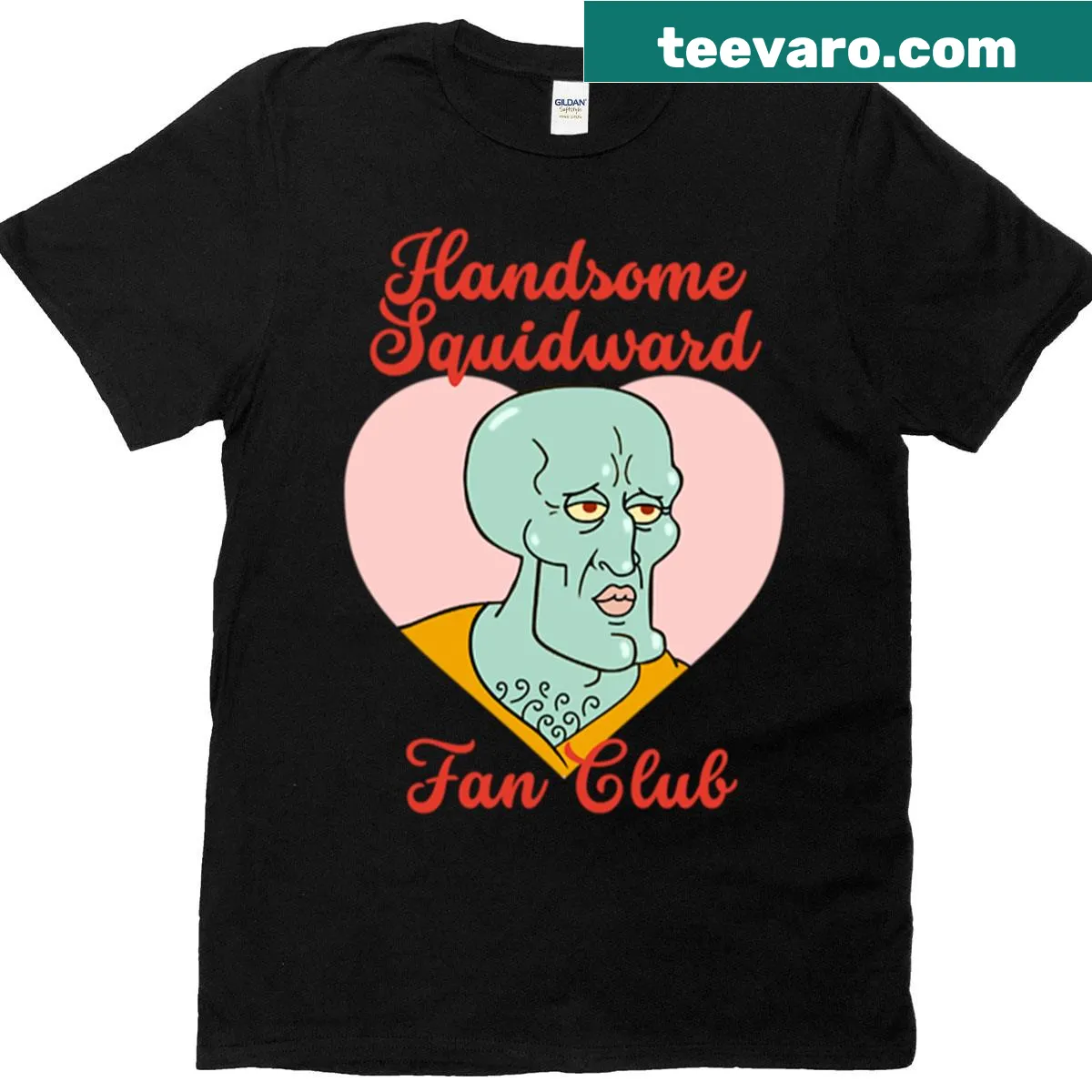 Fan club T-shirt featuring a humorous cartoon of Handsome Squidward — on a men's t-shirt