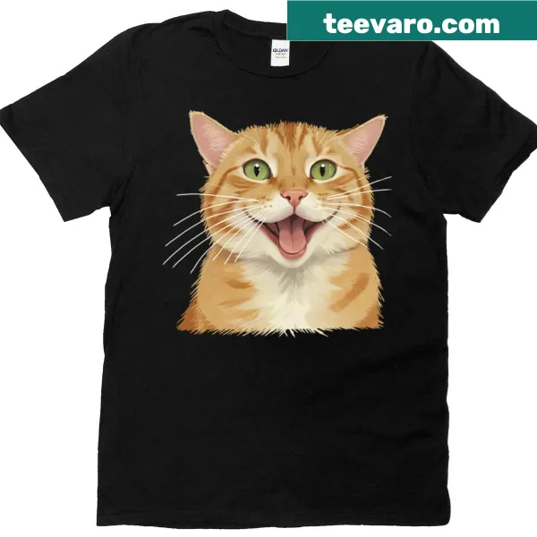 Cartoon ginger cat with a huge smile featured on a meme T-shirt