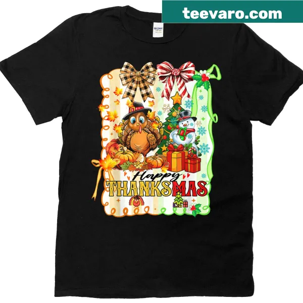 Whimsical graphic combining Thanksgiving and Christmas themes on t-shirt.