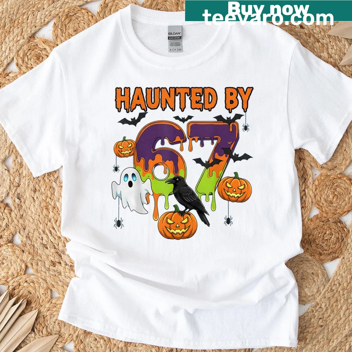 Halloween-themed T-shirt with the phrase 'Haunted By 6 7' in a playful font — on a men's t-shirt