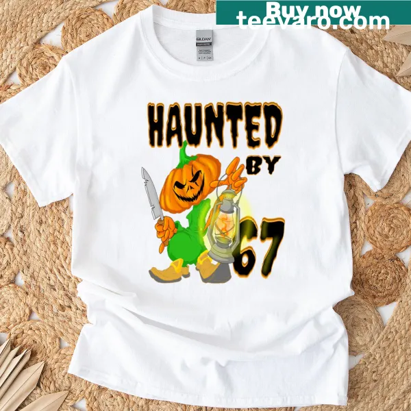 Whimsical Halloween t-shirt featuring 67 cartoon pumpkins