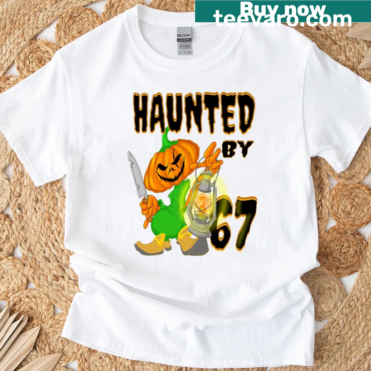 Whimsical Halloween t-shirt featuring 67 cartoon pumpkins — on a men's t-shirt