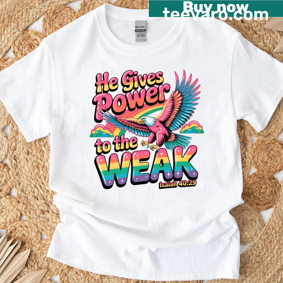 Inspirational shirt featuring Isaiah 40:29 text — on a men's t-shirt