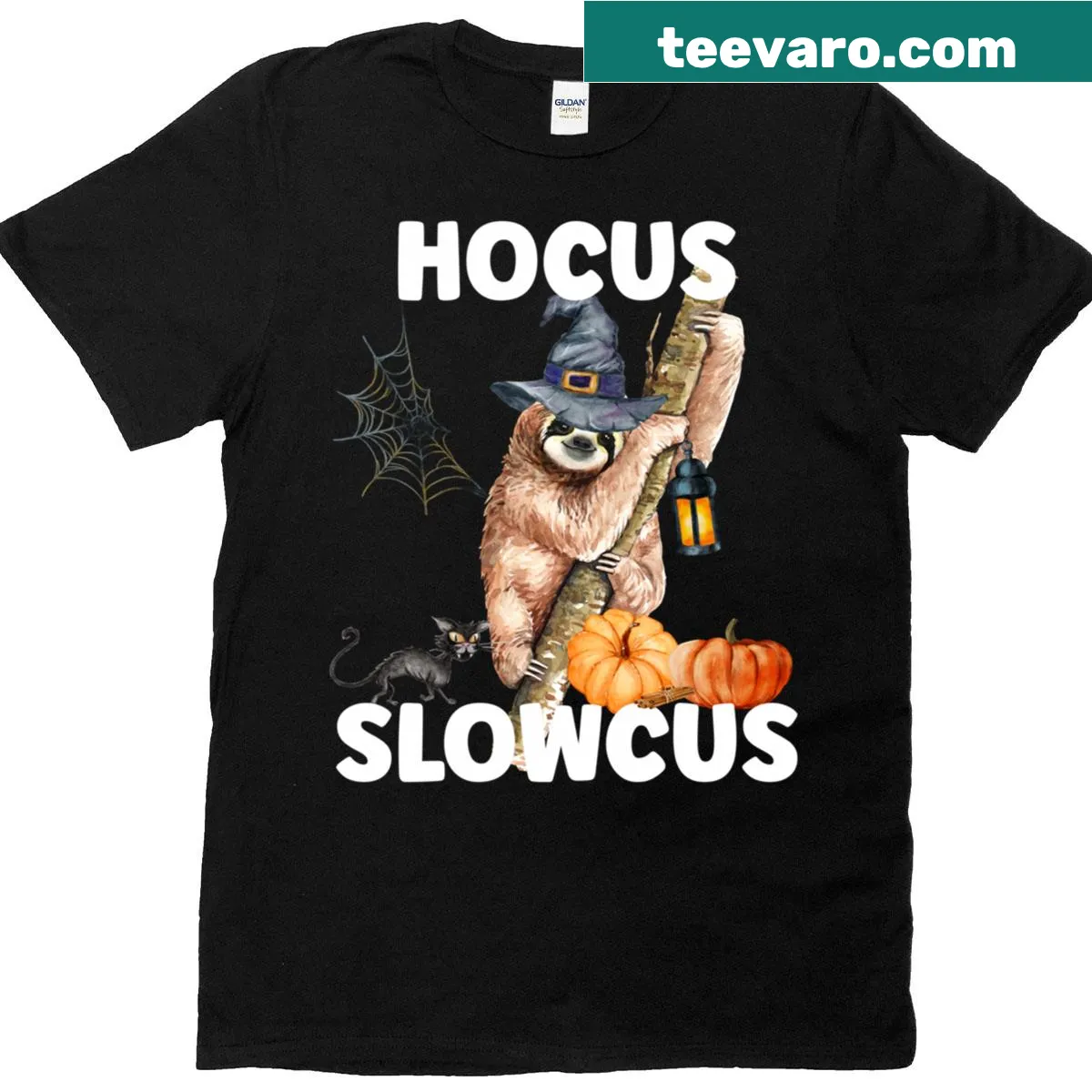 Adorable sloth in witch hat on Halloween-themed t-shirt — on a men's t-shirt