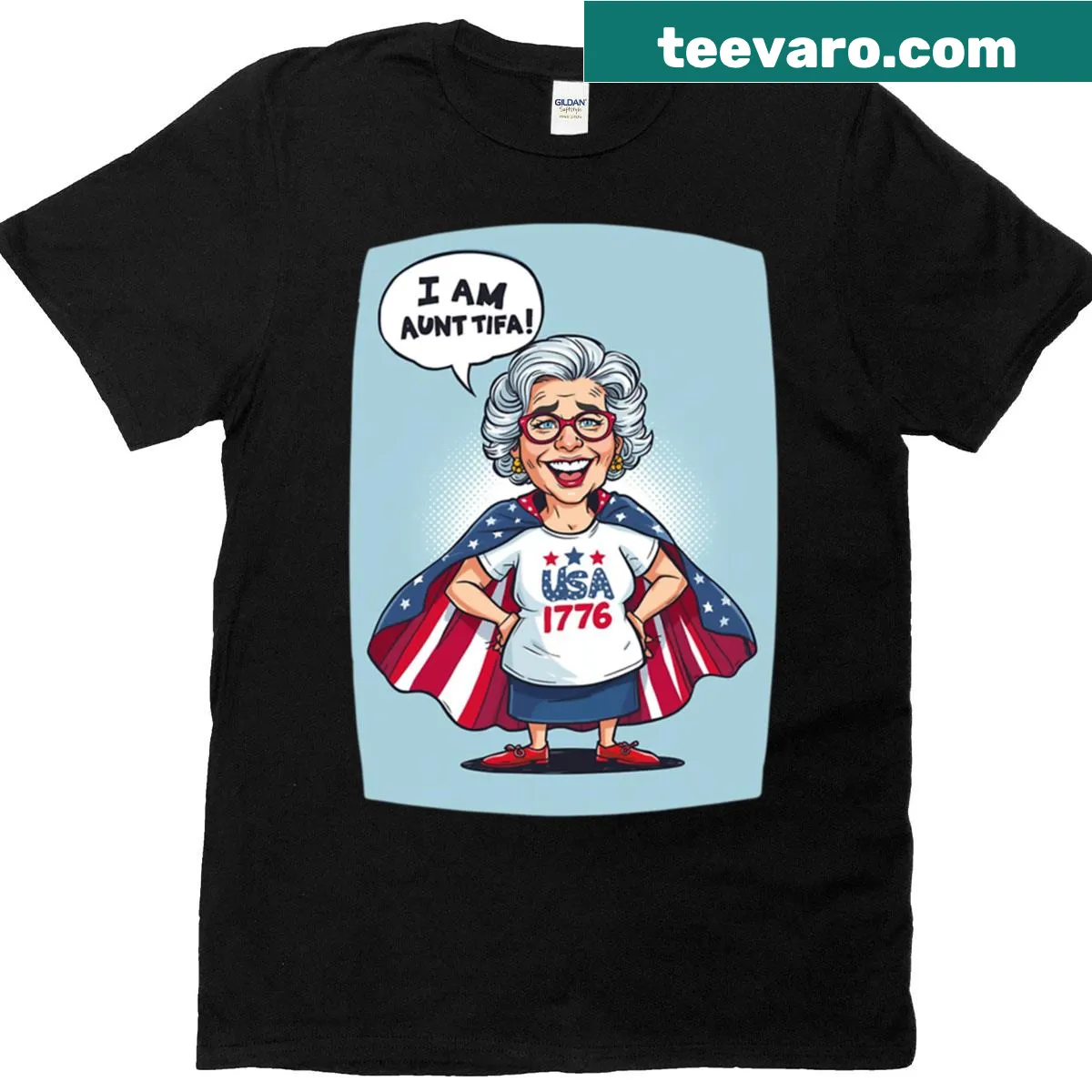 Retro humor shirt with 'I Am Aunt Tifa' text and graphics — on a men's t-shirt
