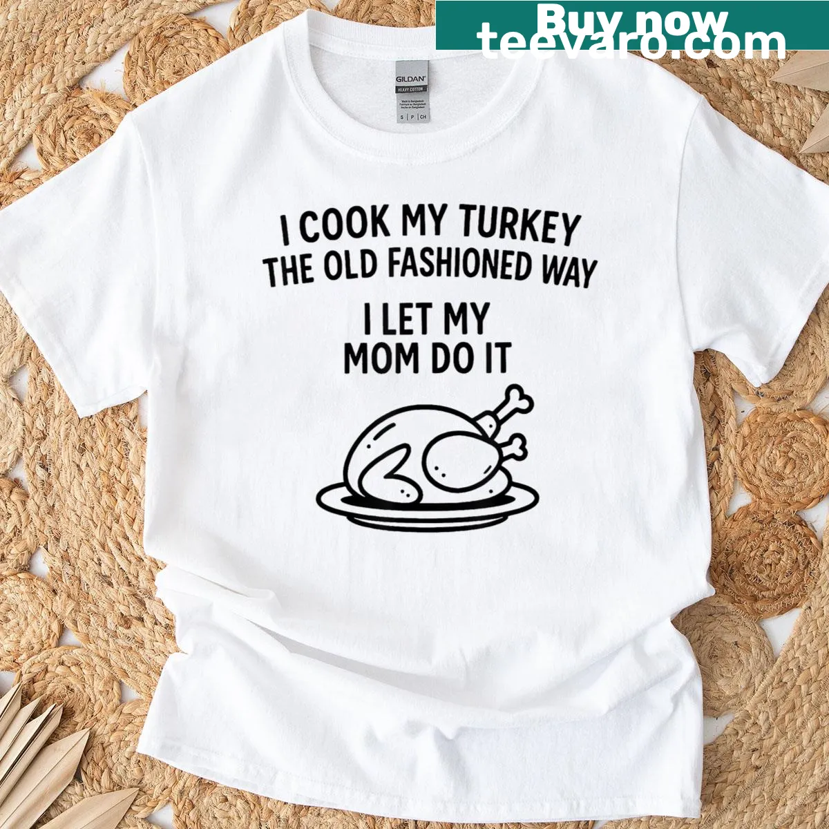 Funny turkey cooking t-shirt with humorous saying about mom — on a men's t-shirt