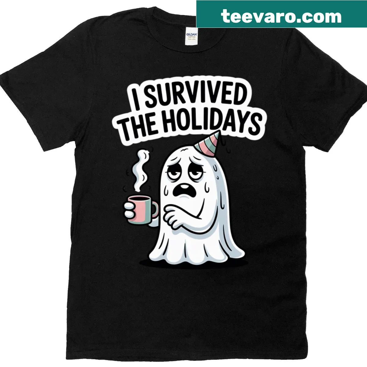 Funny T-shirt with an exhausted ghost and holiday-themed text — on a men's t-shirt