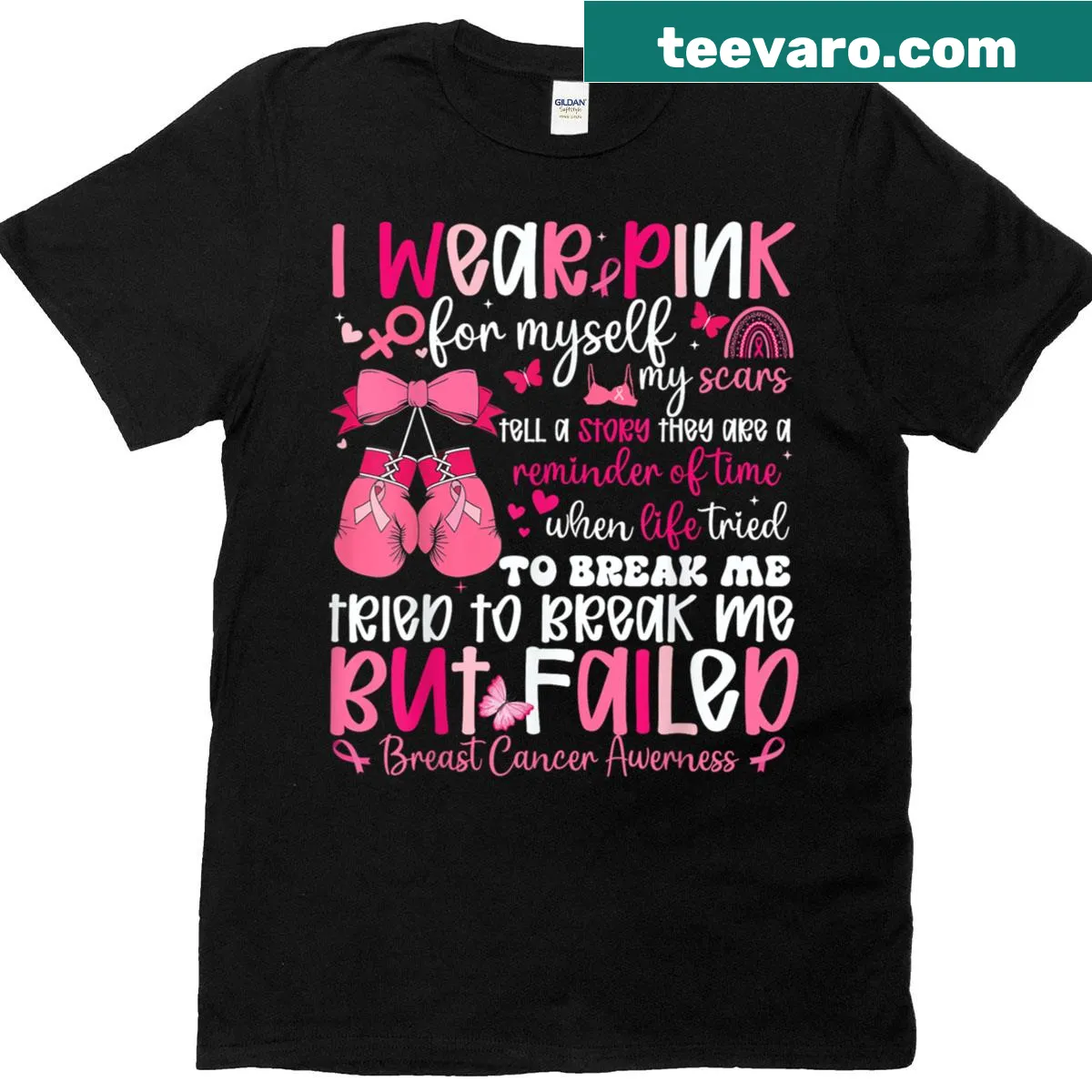 Empowering pink breast cancer awareness t-shirt with bold text. — on a men's t-shirt