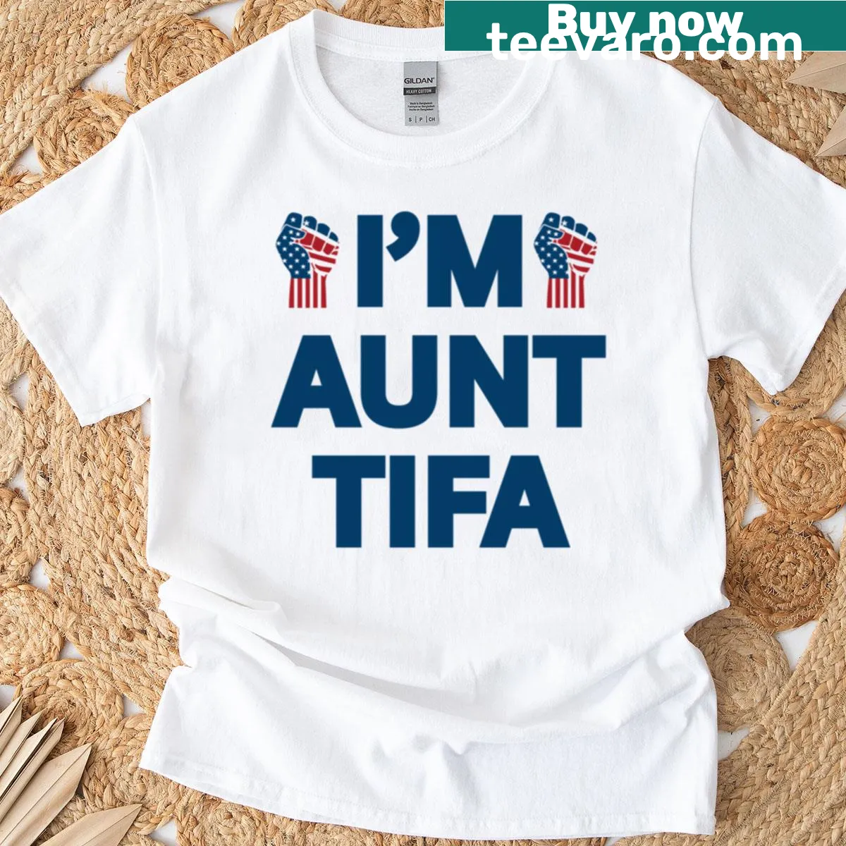 Funny Aunt-tifa protest T-shirt with clever wordplay — on a men's t-shirt