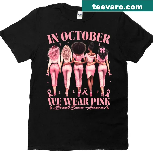 Breast cancer awareness T-shirt with pink ribbon graphic and supportive text
