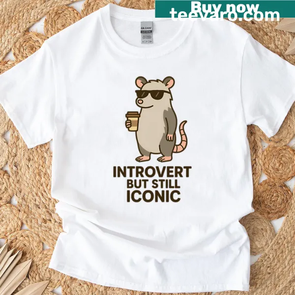 Oversized t-shirt with a funny opossum cartoon and text about introverts