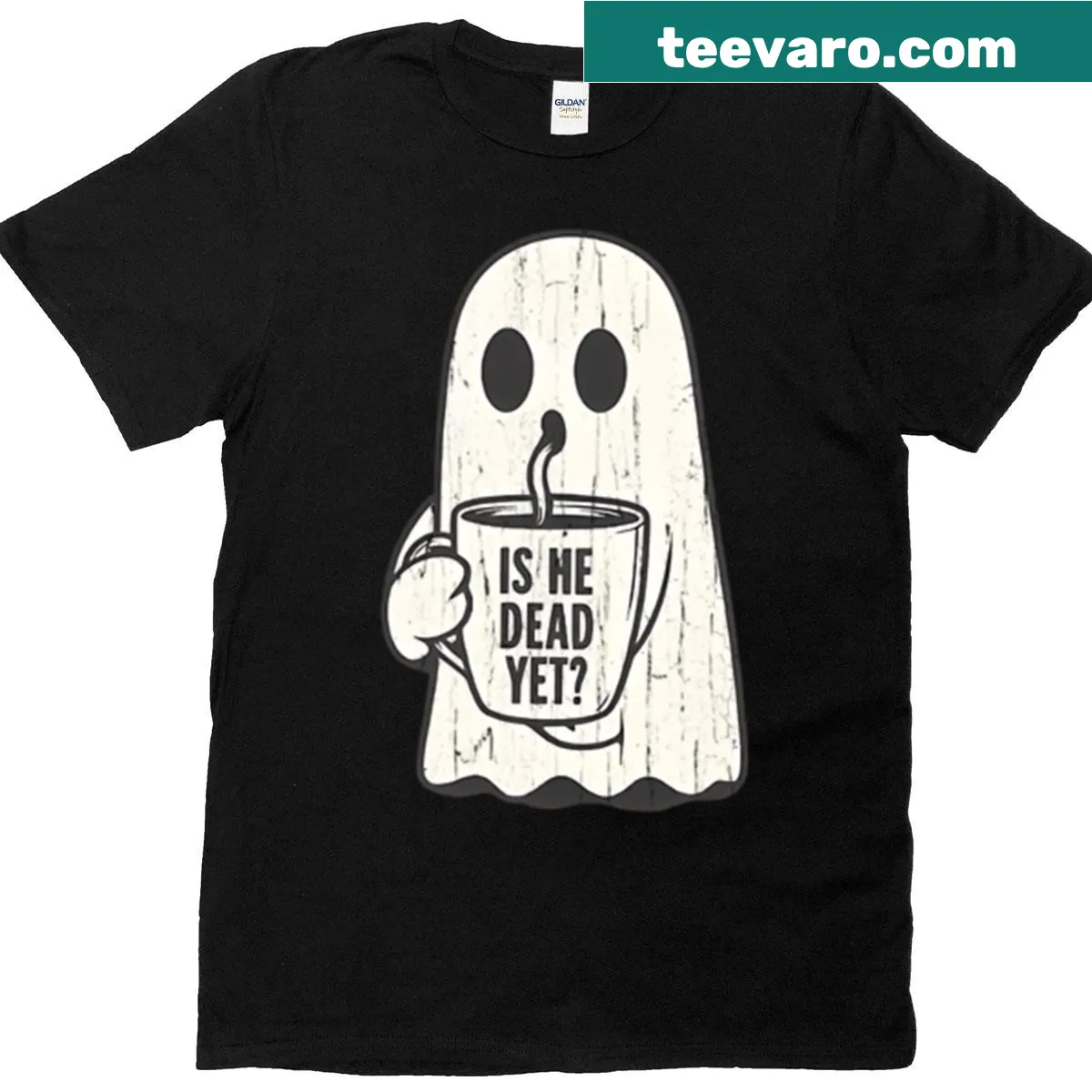 Funny ghost t-shirt with the text Is He Dead Yet? — on a men's t-shirt