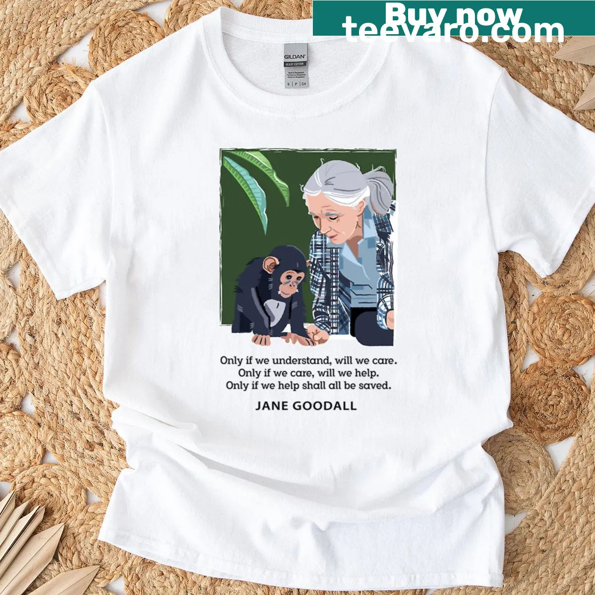 T-shirt featuring Jane Goodall and a chimpanzee, symbolizing care and conservation — on a men's t-shirt