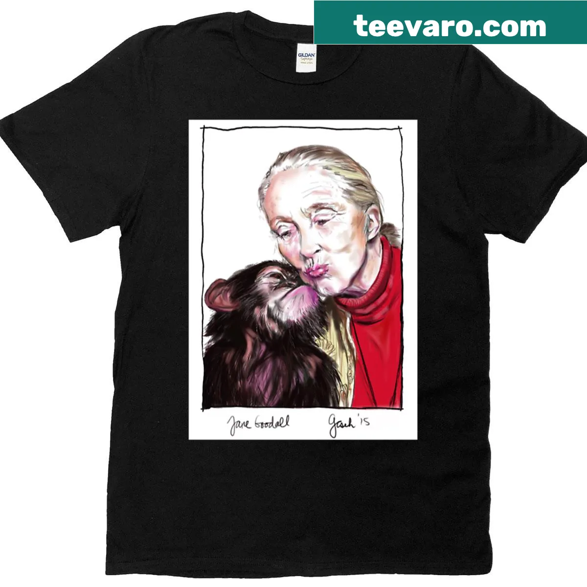 T-shirt featuring Jane Goodall with chimps sharing kisses — on a men's t-shirt