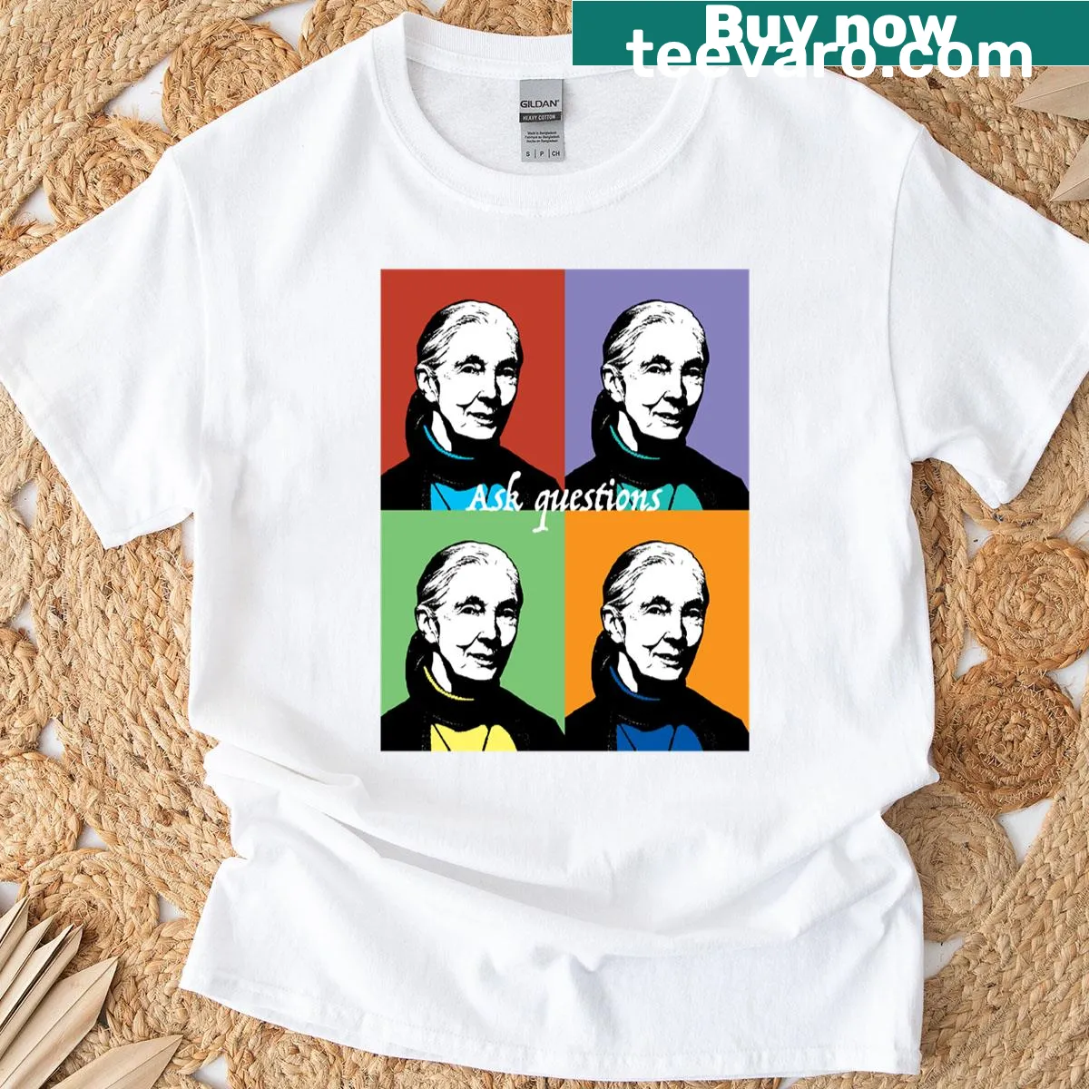 T-shirt featuring an illustration of Jane Goodall as a feminist icon — on a men's t-shirt