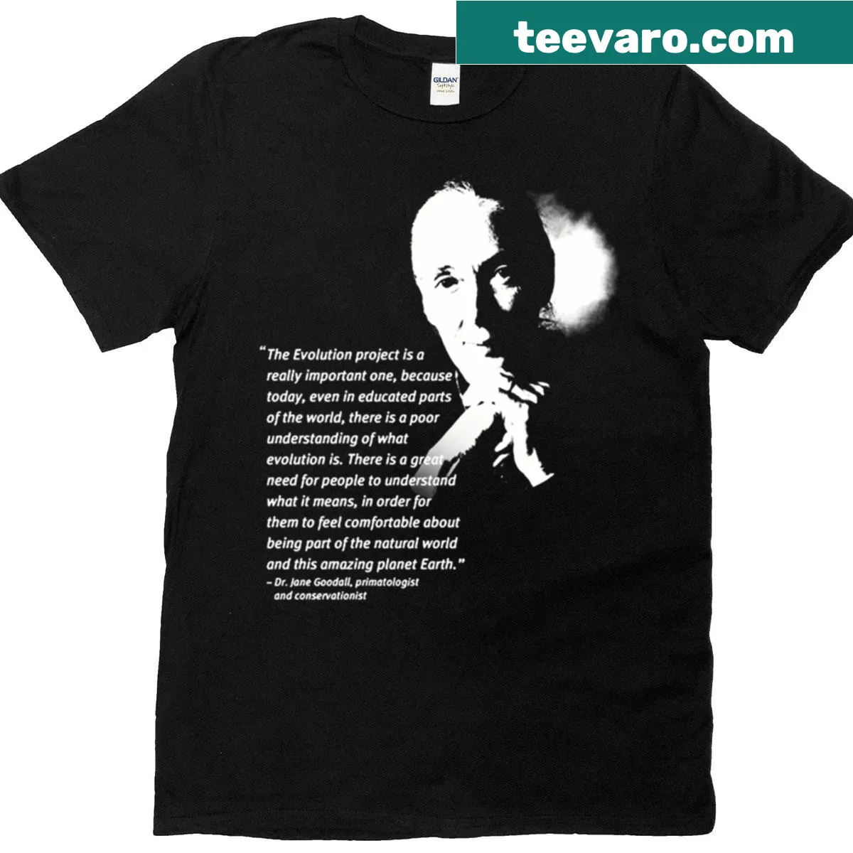 Fitted t-shirt with an illustration inspired by Jane Goodall's work with primates. — on a men's t-shirt