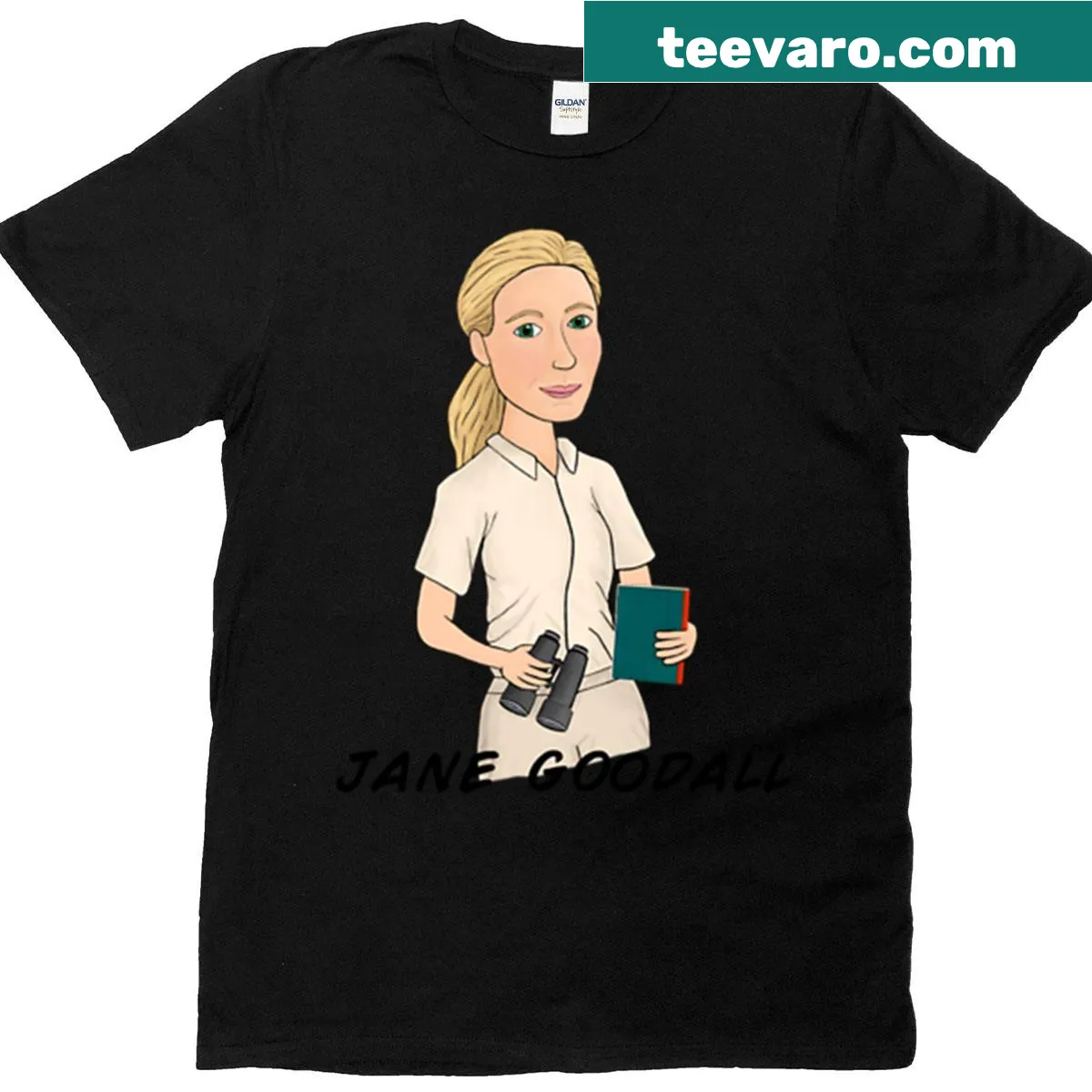 Illustrative T-shirt of young Jane Goodall on a green background — on a men's t-shirt