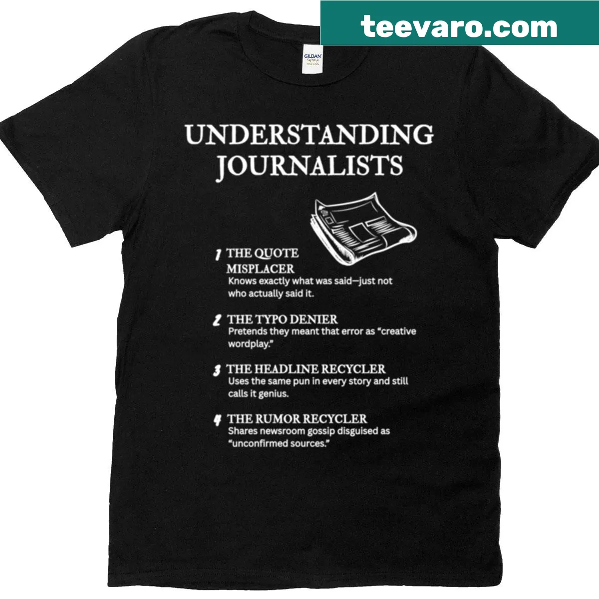 Humorous black T-shirt explaining different types of journalists — on a men's t-shirt